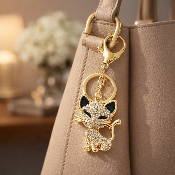 NEW Classy Cat Rhinestone gold key chain bag charm - Picture 2 of 3